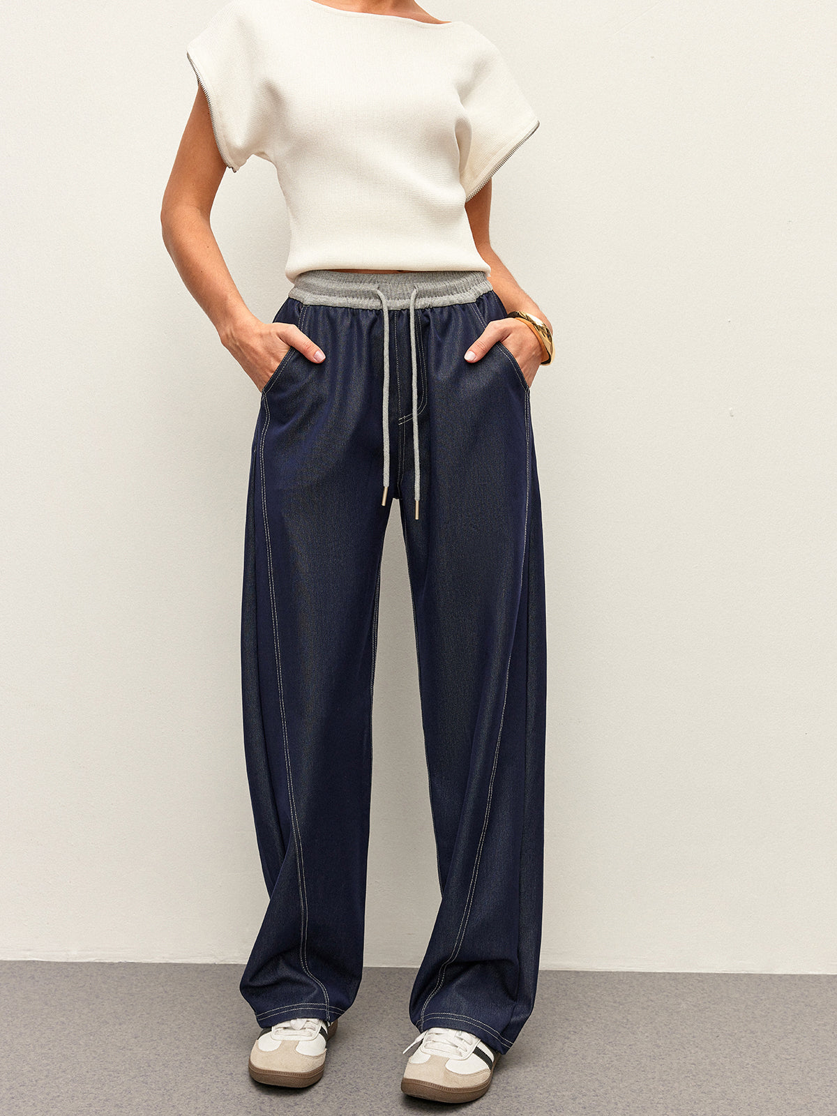 Drawstring Elastic Waist Contrast Stitch Denim-Look Wide Leg Pants 4