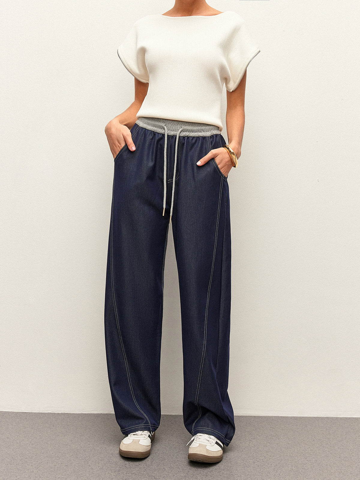 Drawstring Elastic Waist Contrast Stitch Denim-Look Wide Leg Pants 3