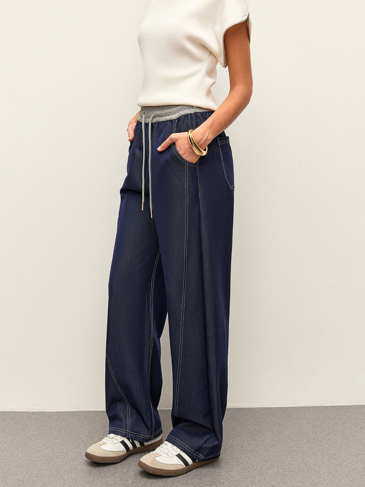 Drawstring Elastic Waist Contrast Stitch Denim-Look Wide Leg Pants 2
