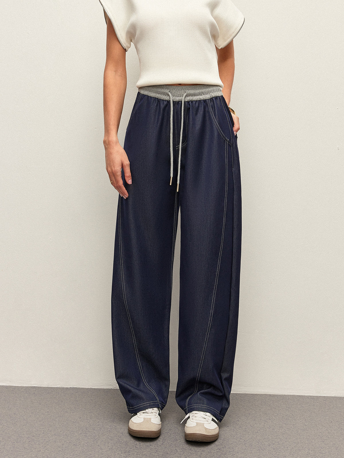 Drawstring Elastic Waist Contrast Stitch Denim-Look Wide Leg Pants