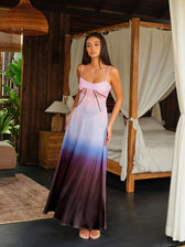 Spaghetti Straps Tie-Dye Gradient Satin Maxi Dress With Lace-Up Back - View 2