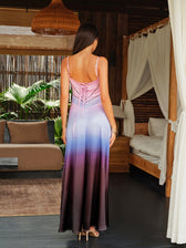Spaghetti Straps Tie-Dye Gradient Satin Maxi Dress With Lace-Up Back - View 5