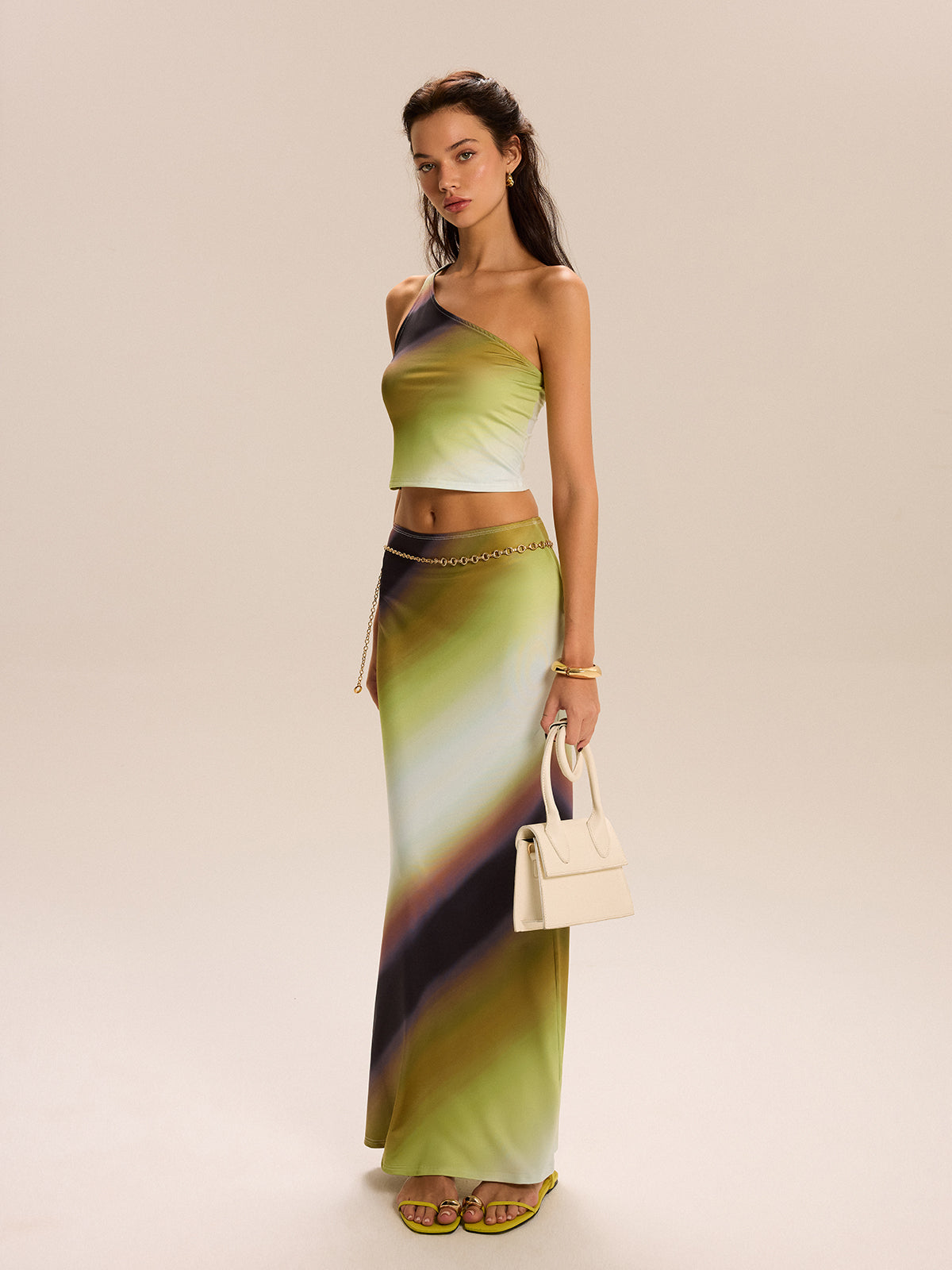 Gradient Print One-Shoulder Skirt Set