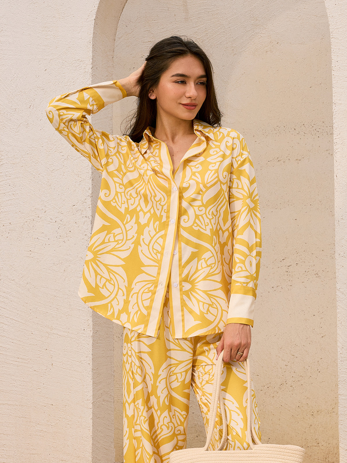 Oversized Patterned Shirt and Pants Set
