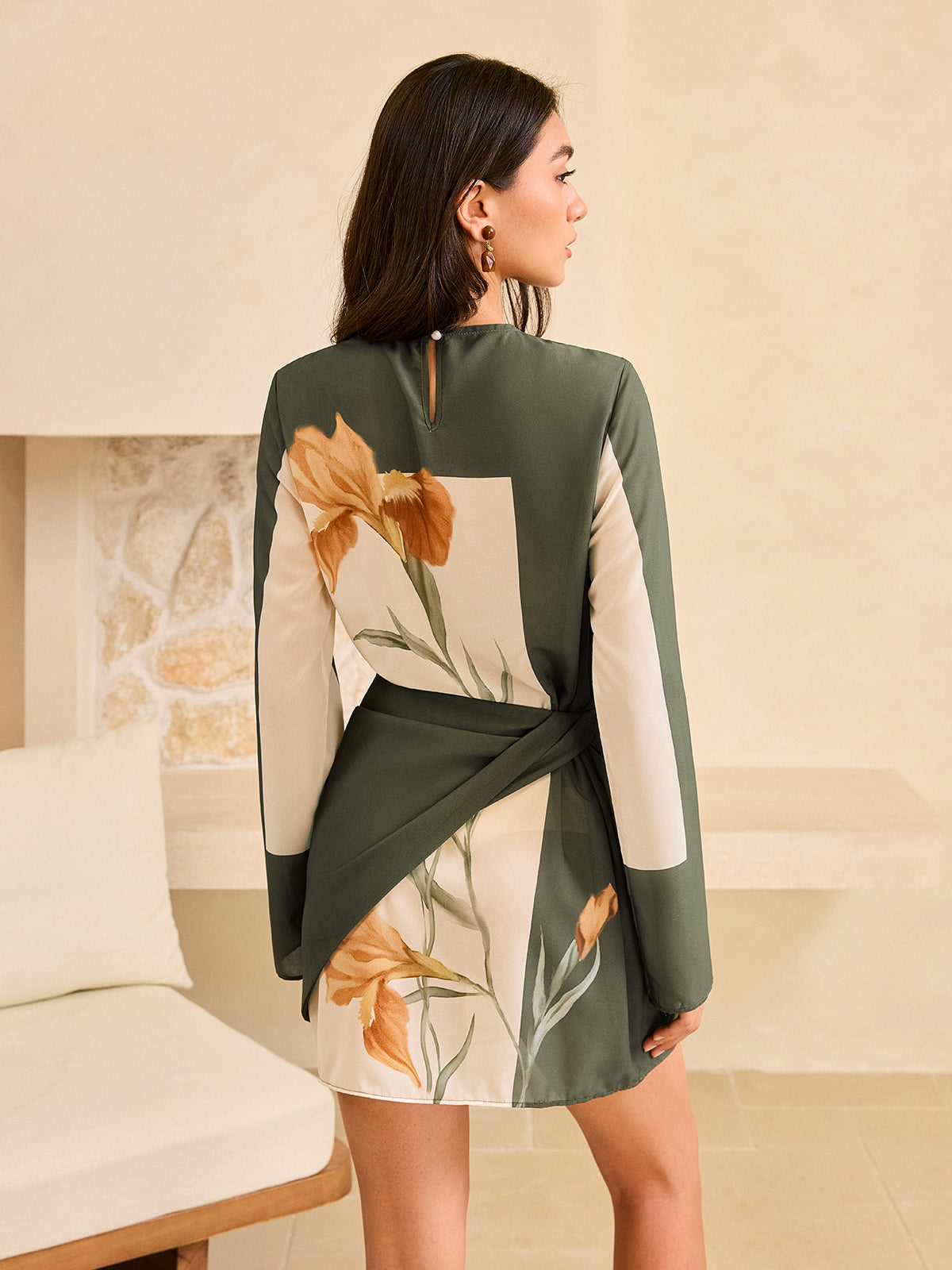Floral Print Long Sleeve Wrap Dress