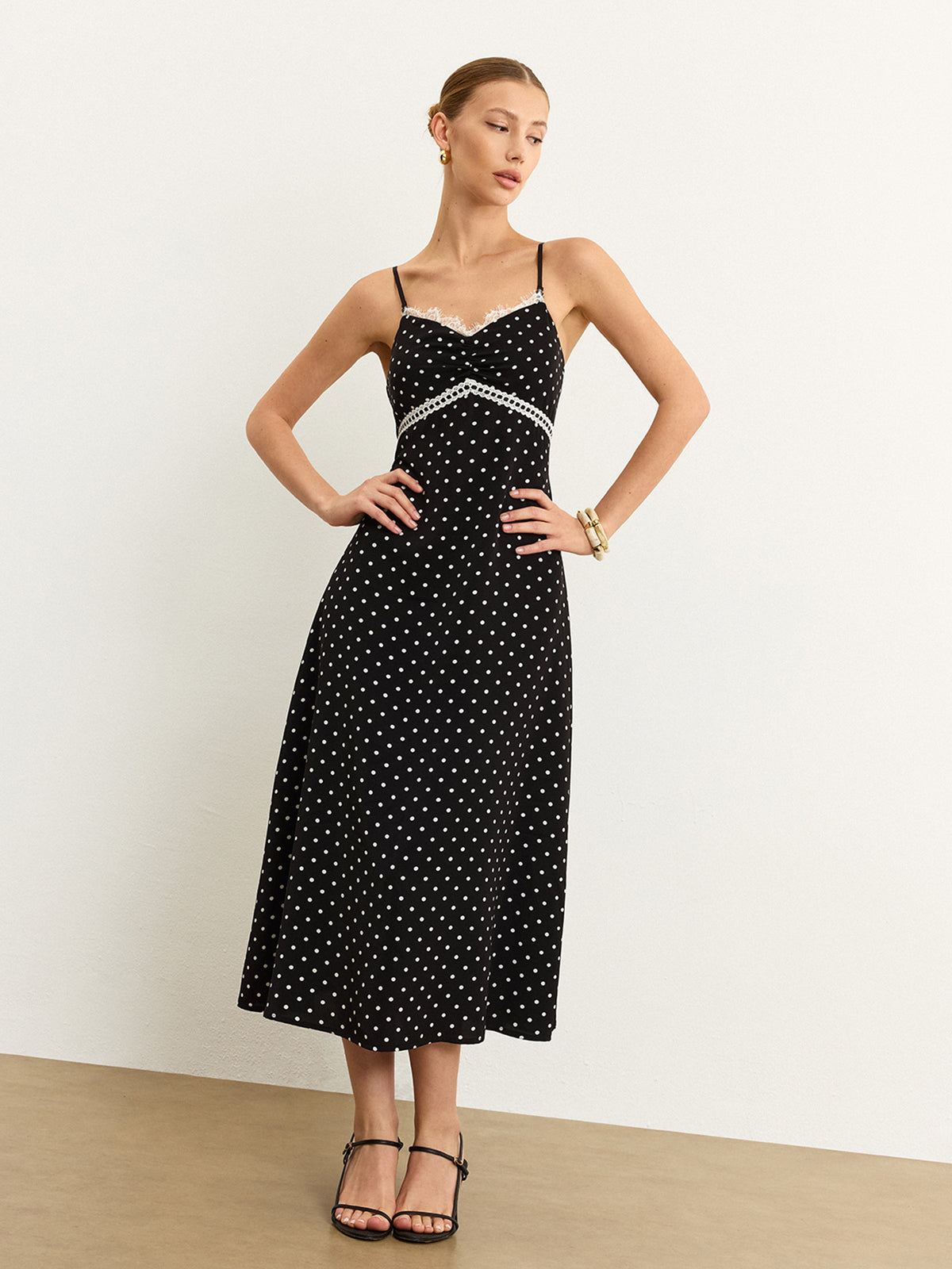 Polka Dot Lace Trim Midi Dress - View 2