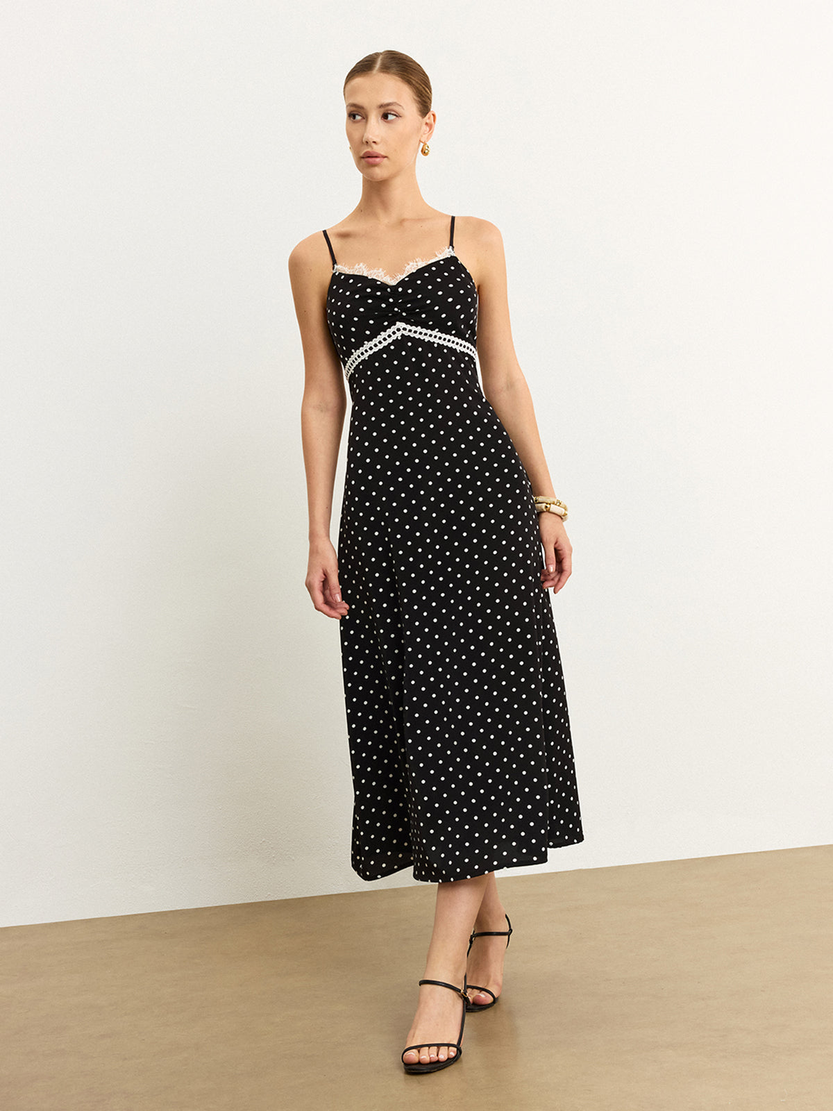 Polka Dot Lace Trim Midi Dress - View 3