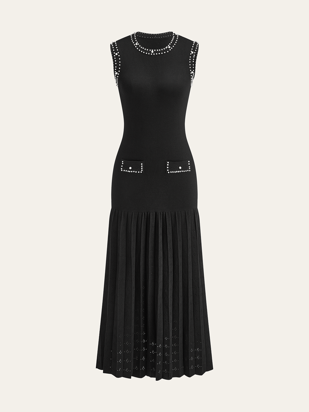 Faux Pearl Trim Sleeveless Crew Neck Pleated Knit Midi Dress