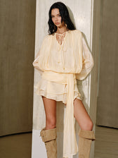 Semi-Sheer Tiered Draped Tie-Waist Mini Dresse - View 3