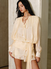 Semi-Sheer Tiered Draped Tie-Waist Mini Dresse - View 2