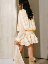 Semi-Sheer Tiered Draped Tie-Waist Mini Dresse - View 6
