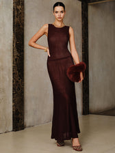 Mesh Panel Ribbed Knit Maxi Dress Set with Liner - View 3