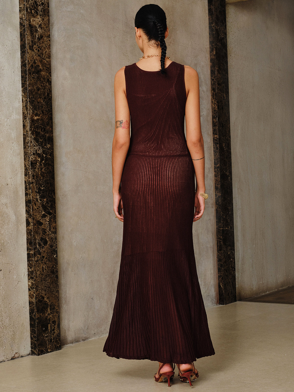 Mesh Panel Ribbed Knit Maxi Dress Set with Liner - View 5