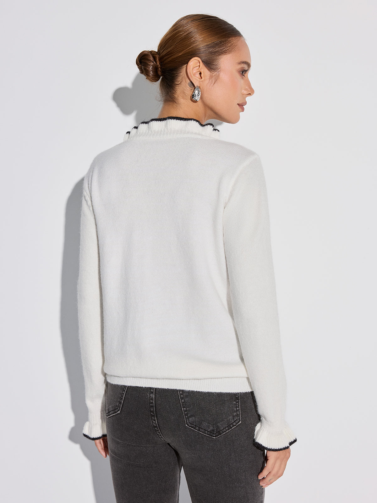 Contrast Ruffle Trim Button Sweater