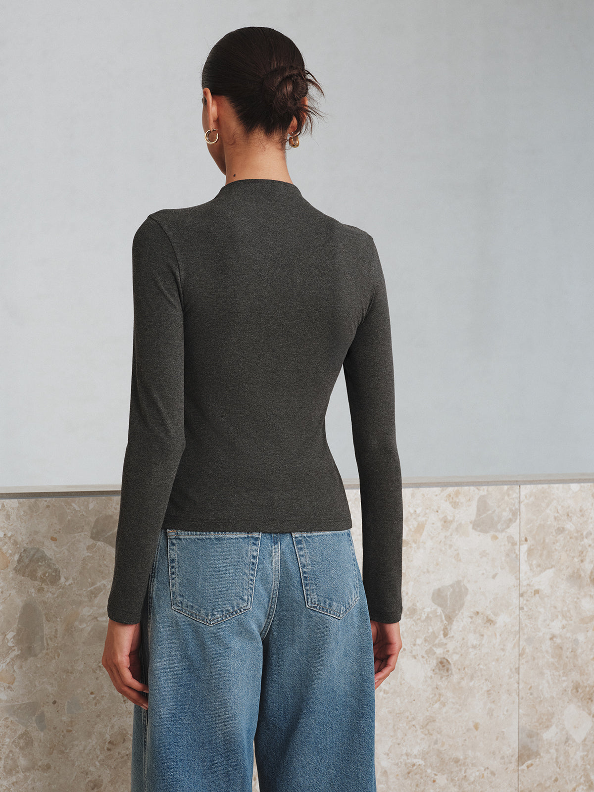 Mock Neck Button Long Sleeve T-Shirt