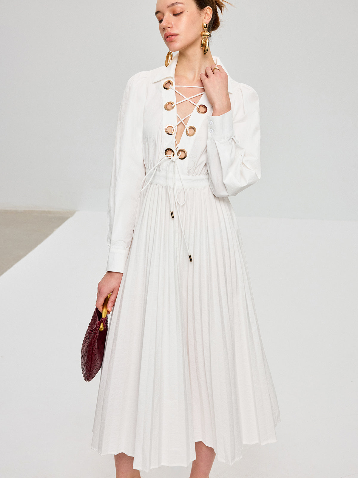 Lace-Up Pleated Midi Dress - View 3