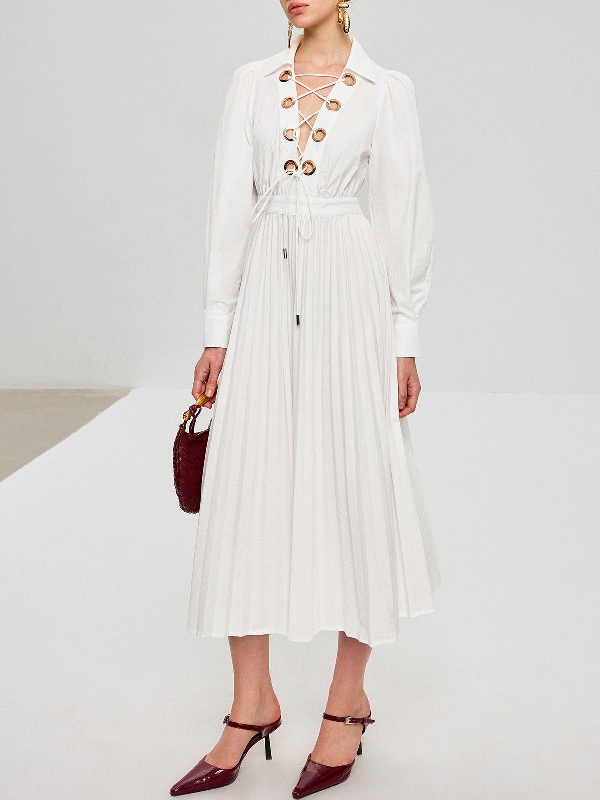 Lace-Up Pleated Midi Dress - View 5