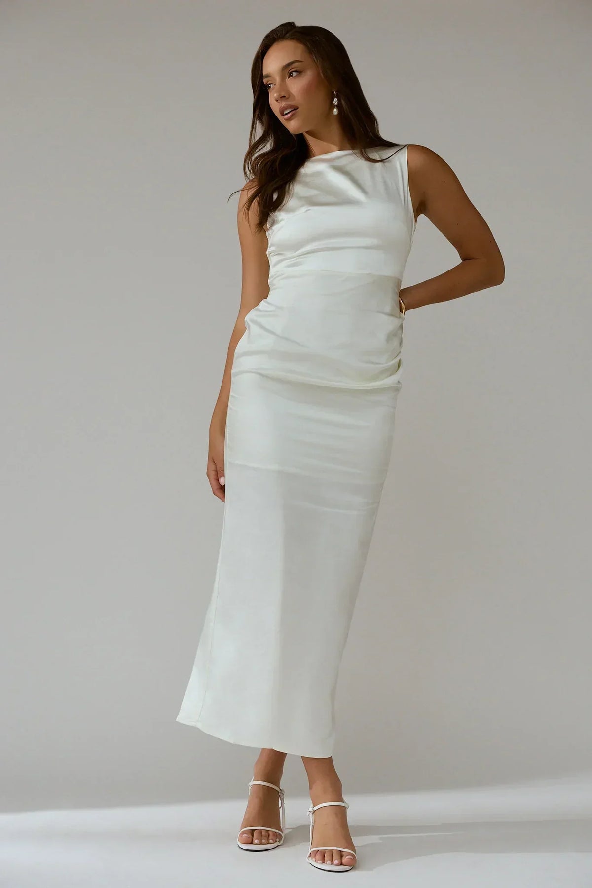 Satin Boat Neck Sleeveless Ruched Waist Column Midi Dress