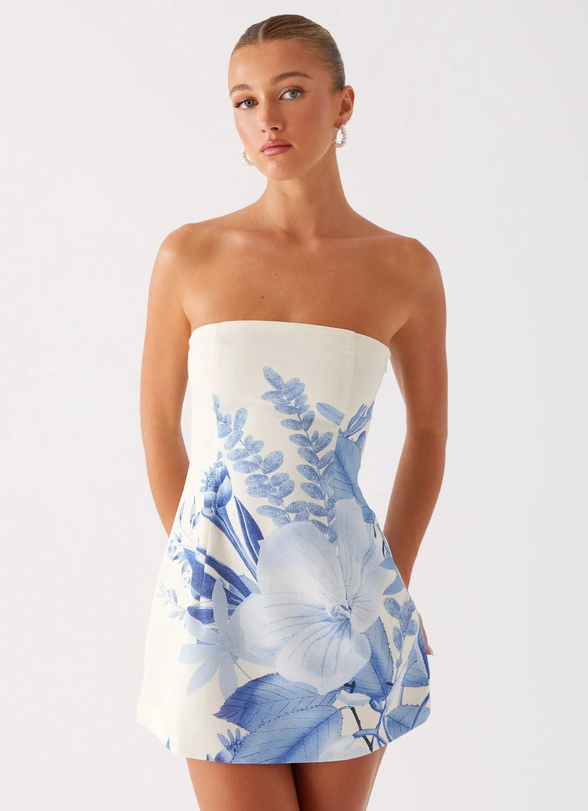 Floral Print Strapless Structured A-Line Mini Dress