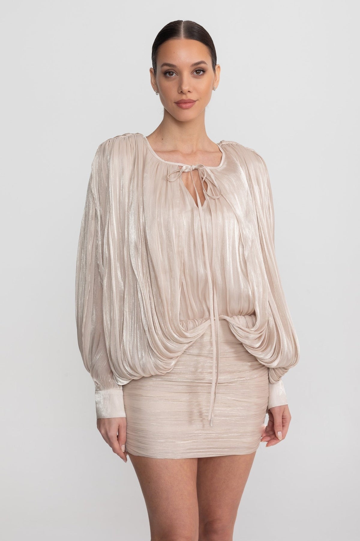 Pleated Tie Neck Batwing Long Sleeve Ruched Mini Dress 3