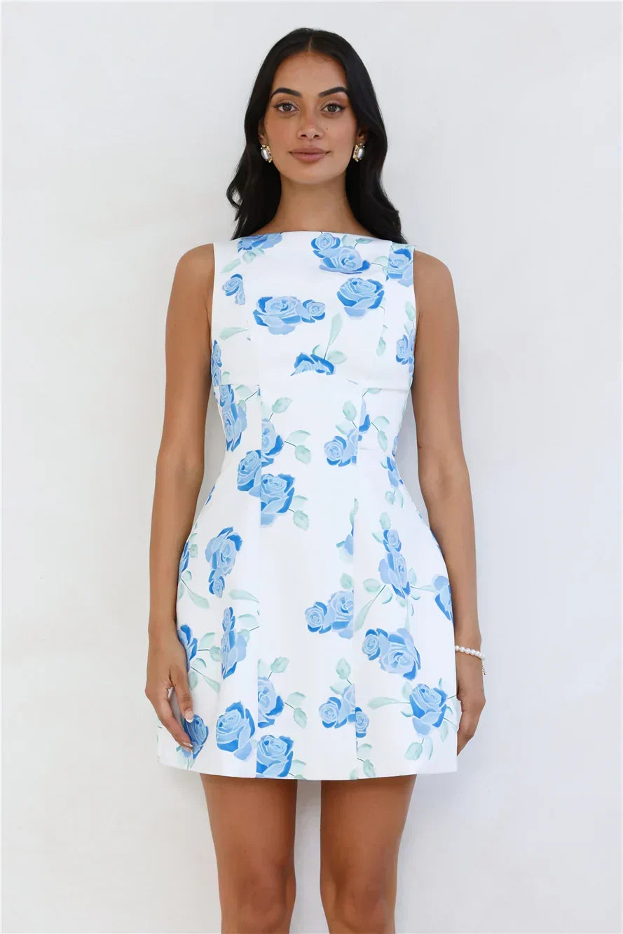 Rose Print Boat Neck Sleeveless Fit and Flare Mini Dress 12