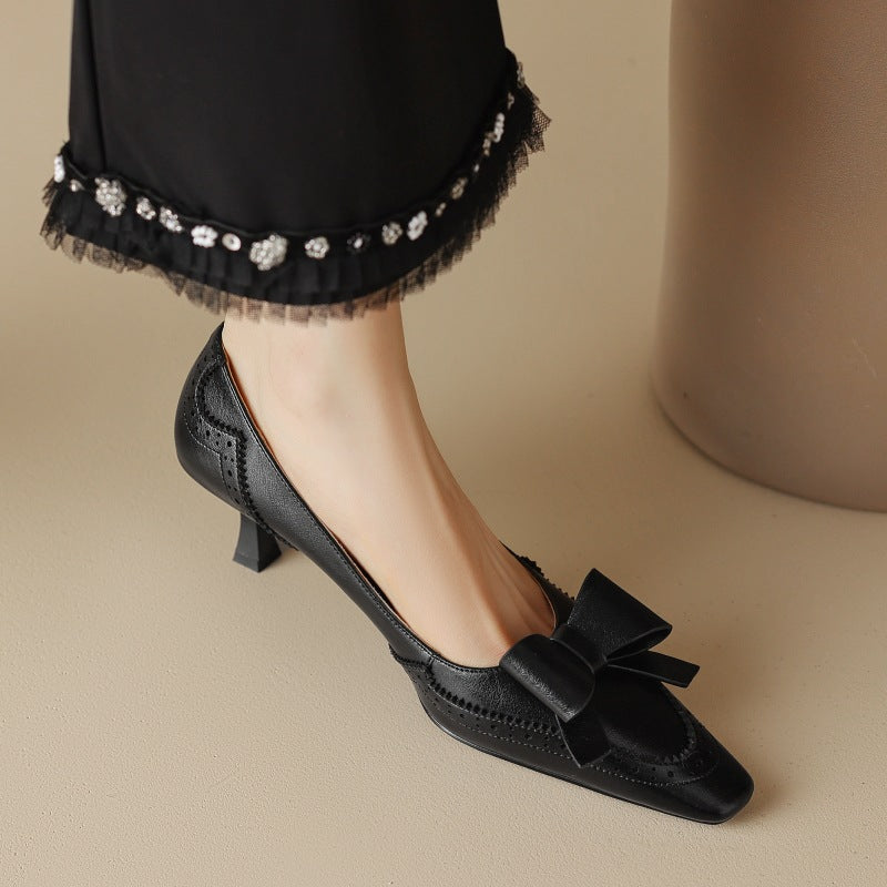 Square Toe Bow Brogue Detail Kitten Heel Pumps