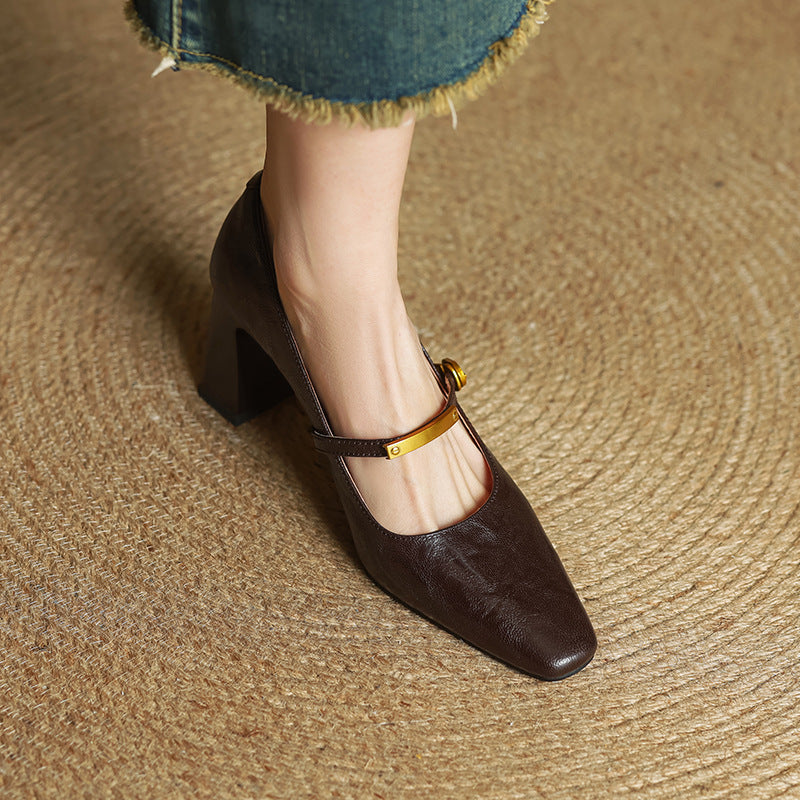 Square Toe Ankle Strap Block Heel Mary Jane Pumps