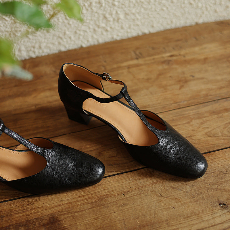 Square Toe T-Strap Block Heel Pumps