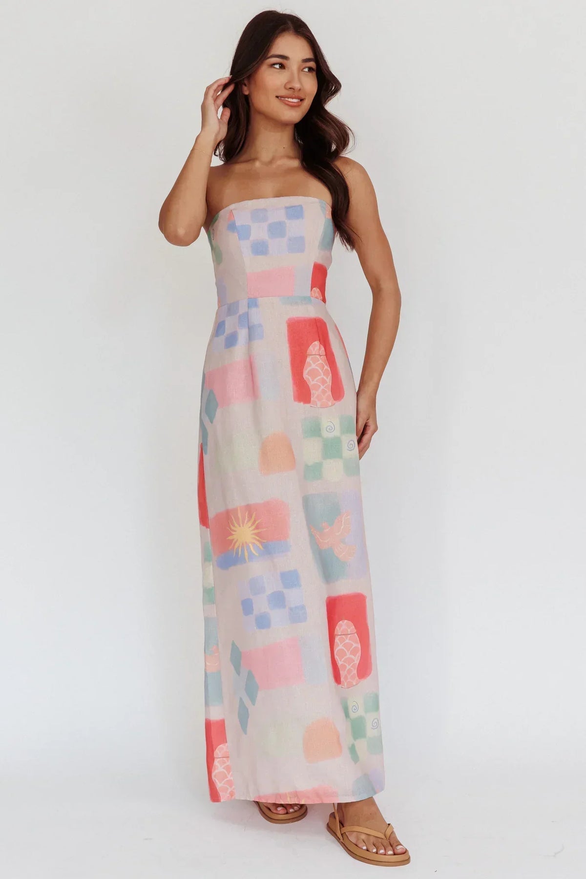 Abstract Print Strapless Straight Neck Column Maxi Dress 3