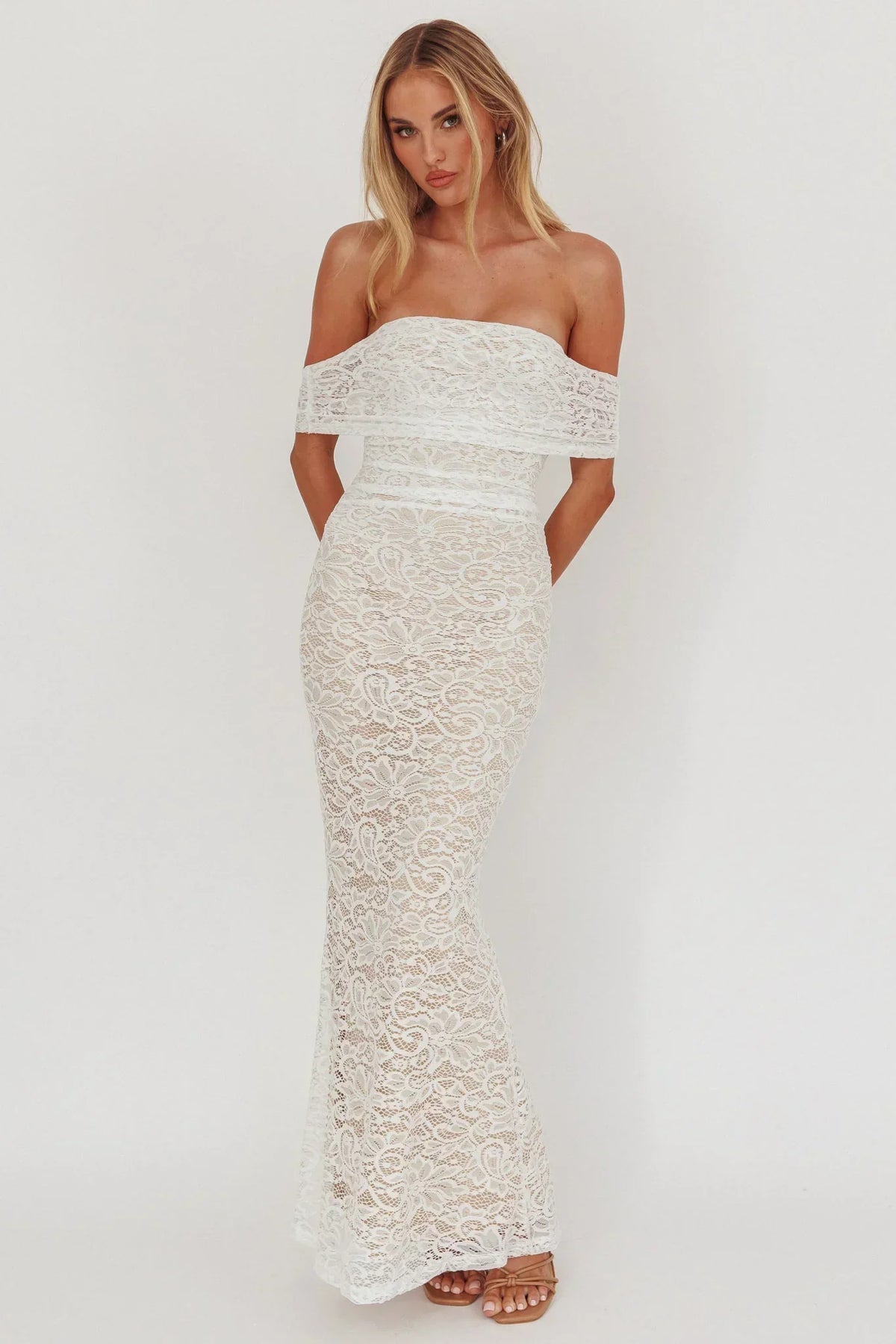 Lace Off Shoulder Fold Over Neckline Mermaid Maxi Dress 4