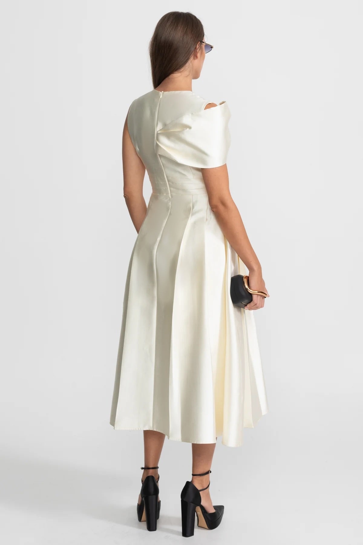 Satin V-Neck Oversized Bow Shoulder Sleeveless Pleated A-Line Midi Dress 6