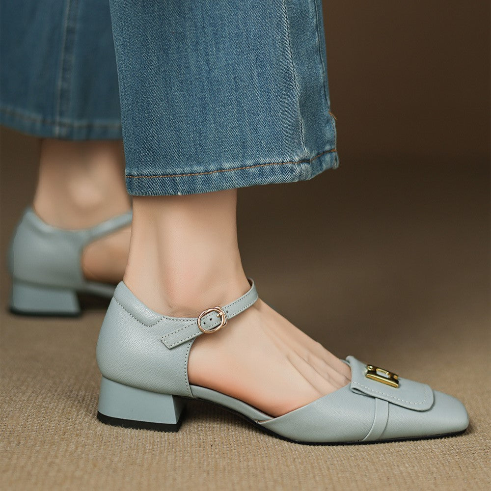 Square Toe Metal Buckle Ankle Strap Block Heel Mary Jane Pumps