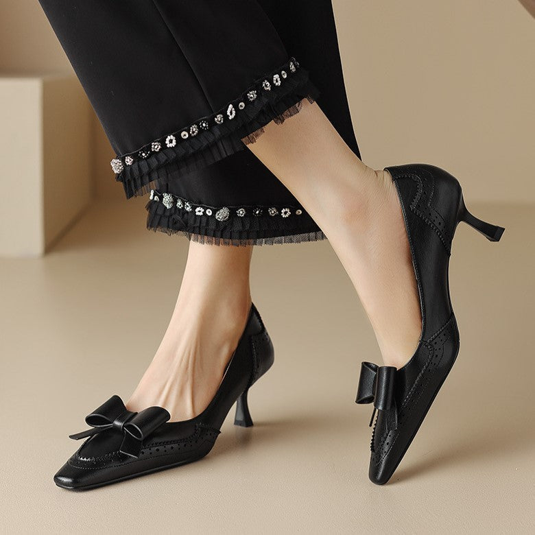 Square Toe Bow Brogue Kitten Heel Pumps