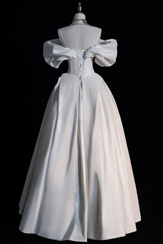 White  Off the Shoulder Puffy Wedding Dress, Floor Length Satin Bridal Dresses cc1156