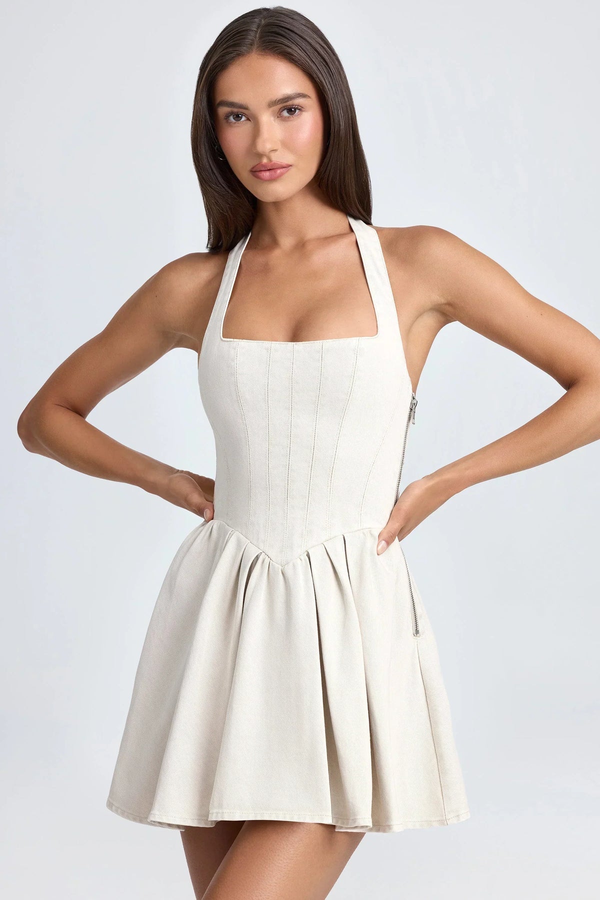 Halter Square Neck Corset Bodice Pleated Skater Mini Dress 6