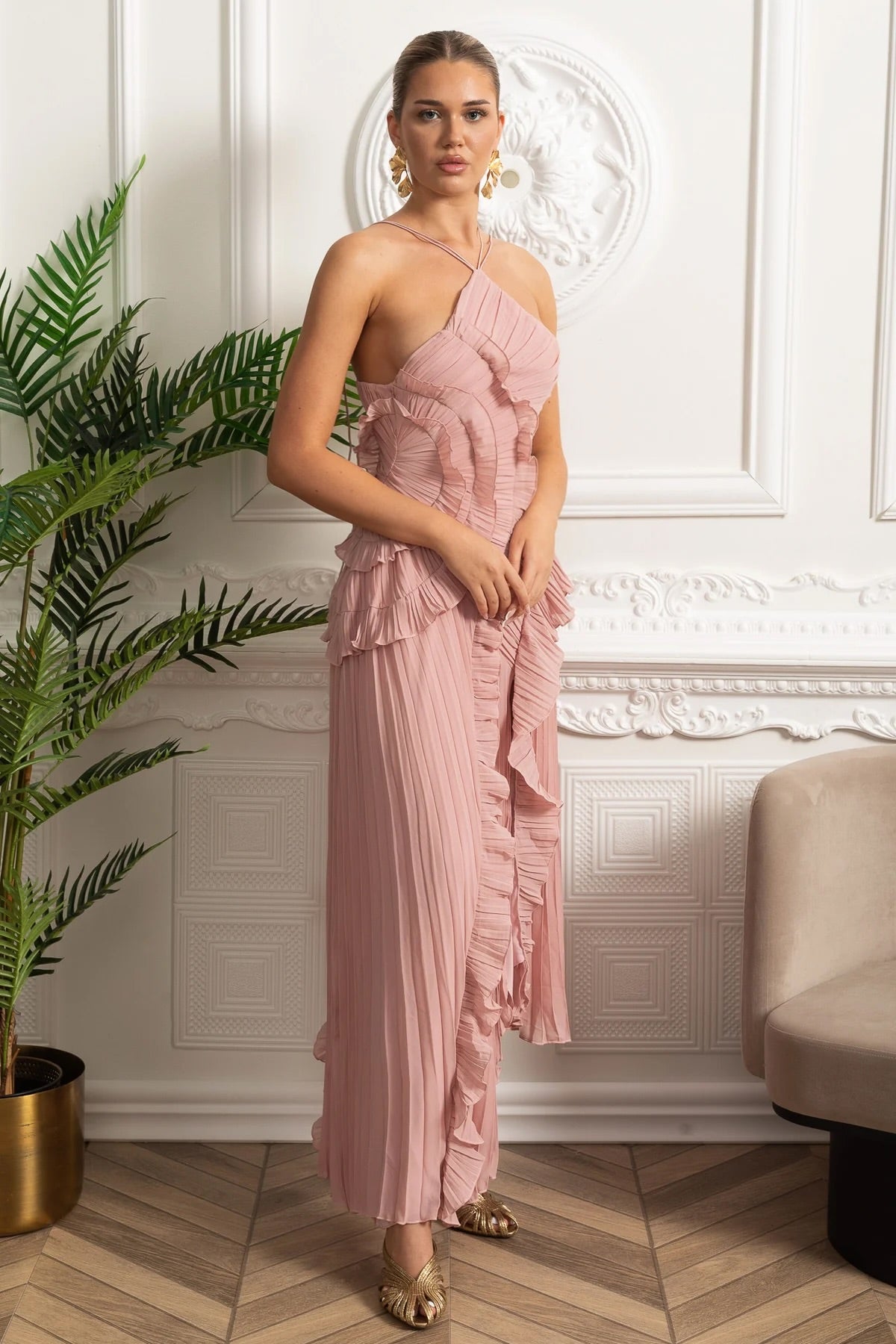 Pleated Halter Neck Rosette Cascading Ruffle Asymmetric Hem Midi Dress 6