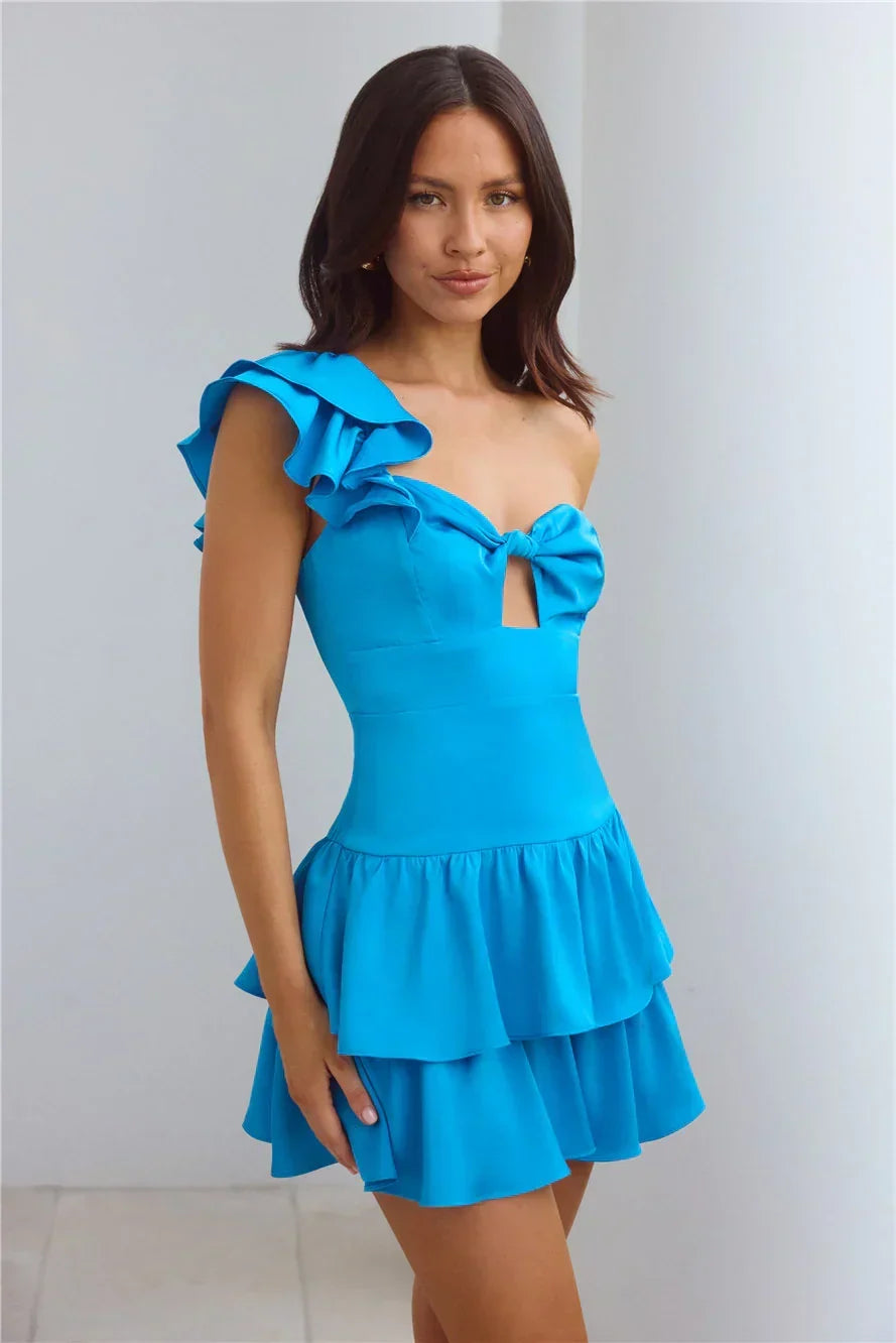 One Shoulder Ruffle Strap Keyhole Tiered Ruffle Mini Dress 9