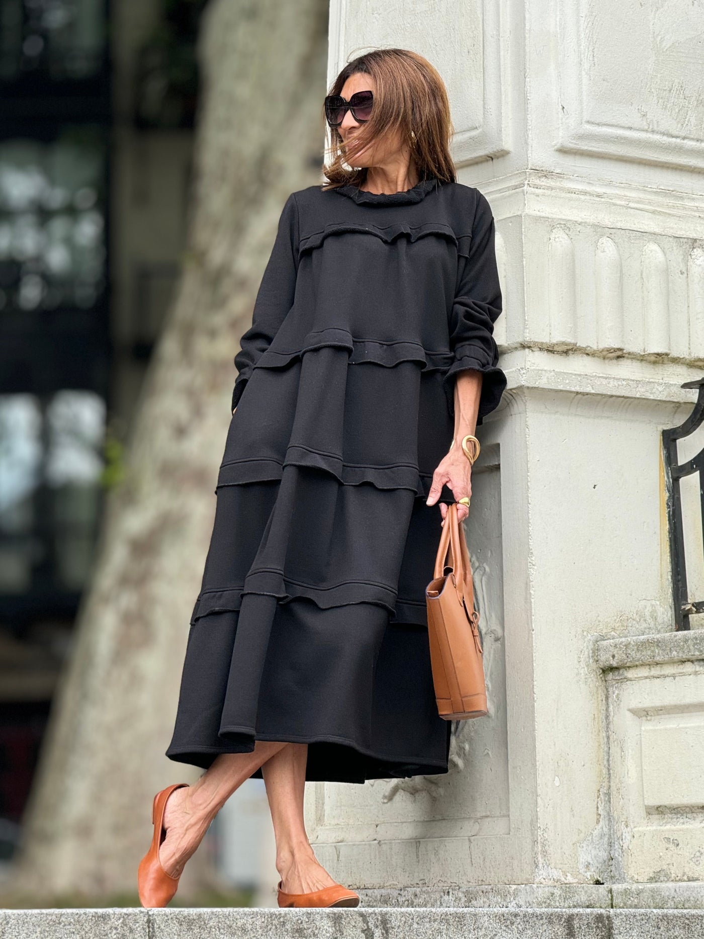 High Neck Long Sleeve Tiered Ruffle Midi Dress 3