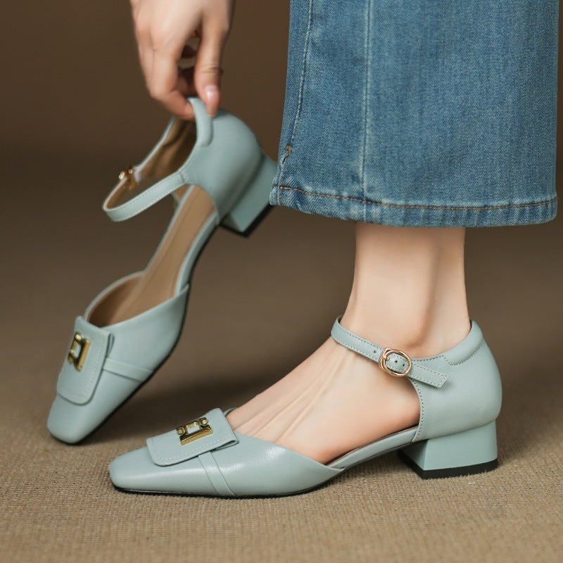Square Toe Ankle Strap Metal Buckle Block Heel Mary Jane Pumps 12