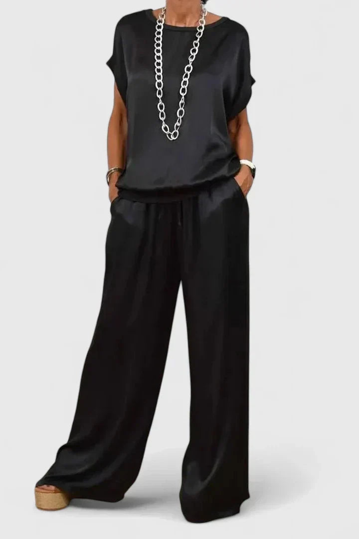 Satin Short Sleeve Top and Wide Leg Pants Two Piece Set