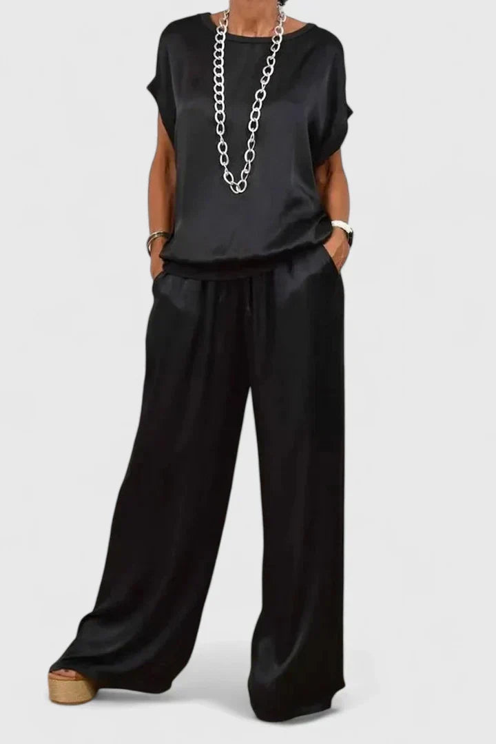 Round Neck Short Sleeve Top and Wide Leg Drawstring Pants Two Piece Set