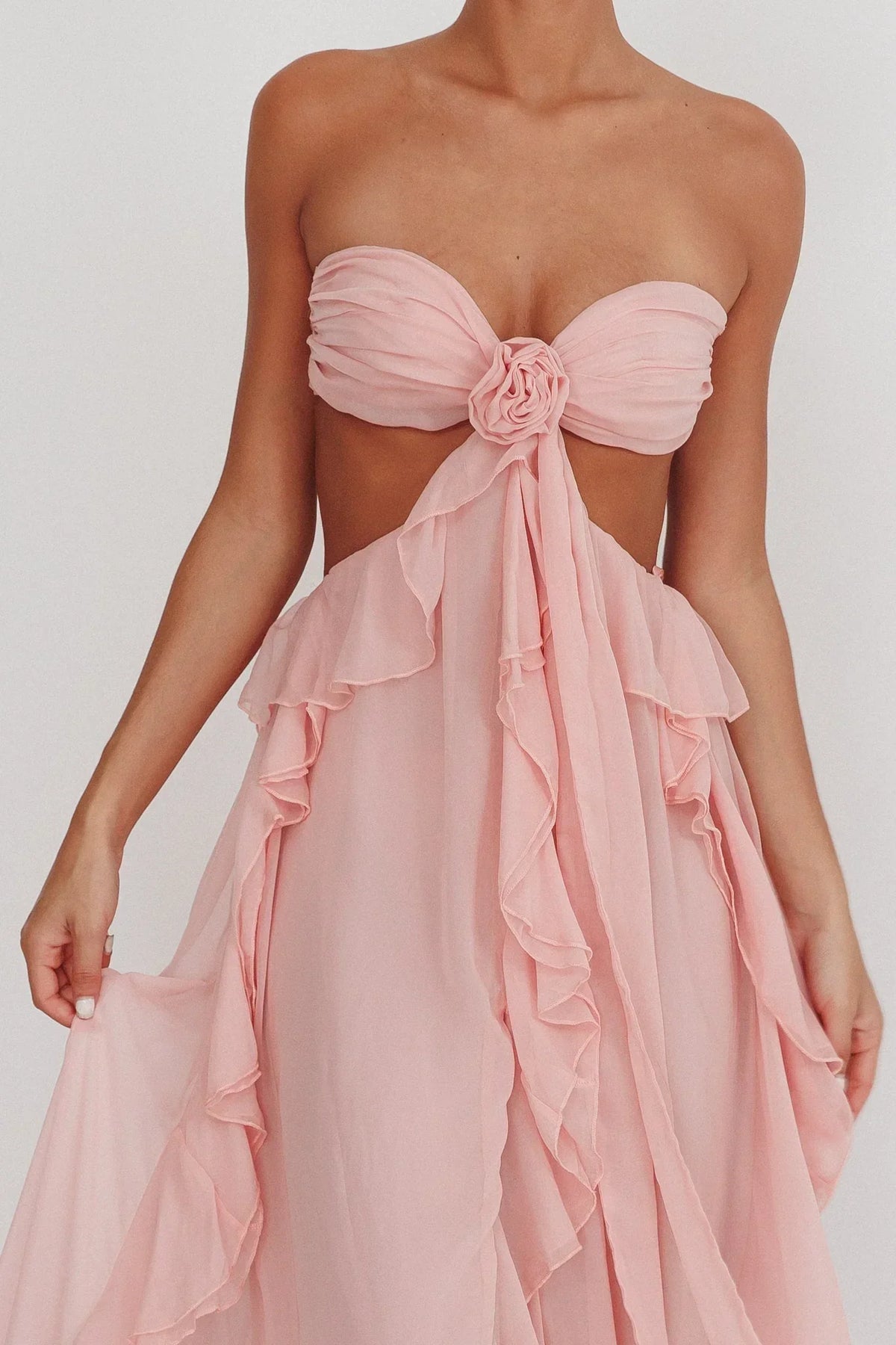 Chiffon Strapless Rosette Tie Front Cut Out Ruffle Maxi Dress 5