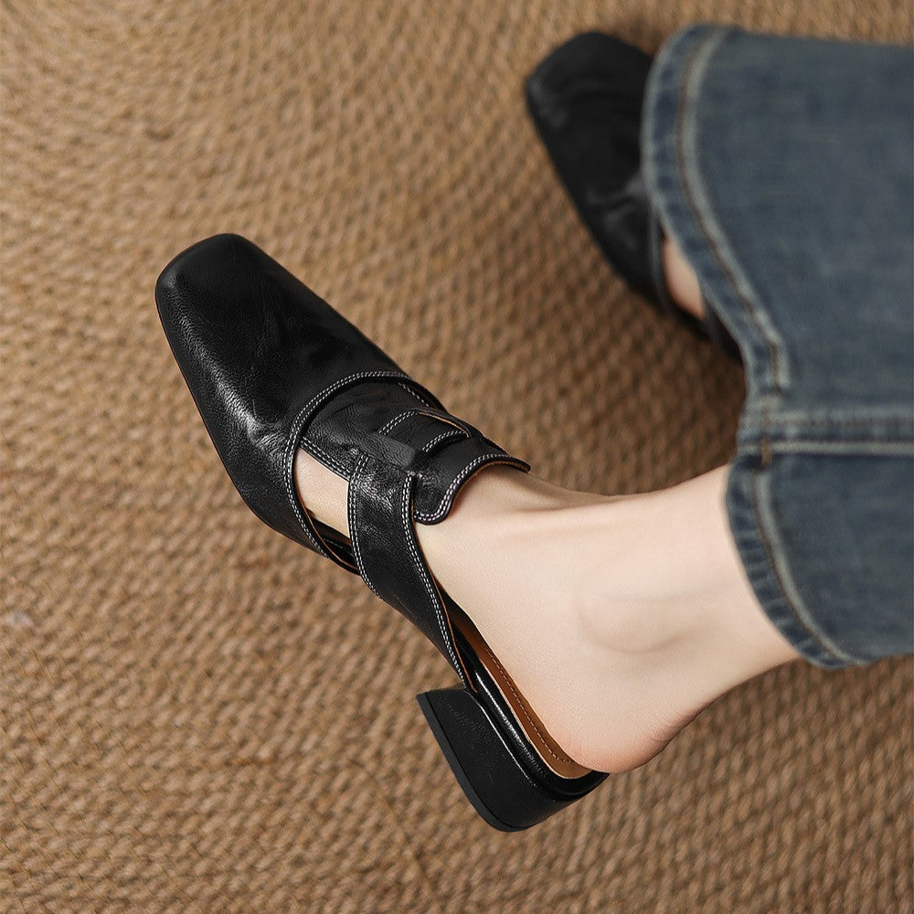 Closed Toe Buckle Strap Block Heel Mules