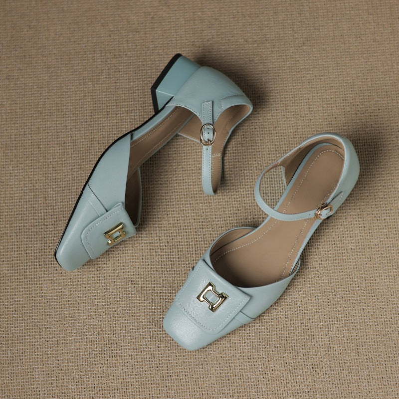 Square Toe Ankle Strap Metal Buckle Block Heel Mary Jane Pumps 6