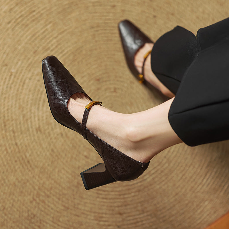 Square Toe Ankle Strap Block Heel Mary Jane Pumps