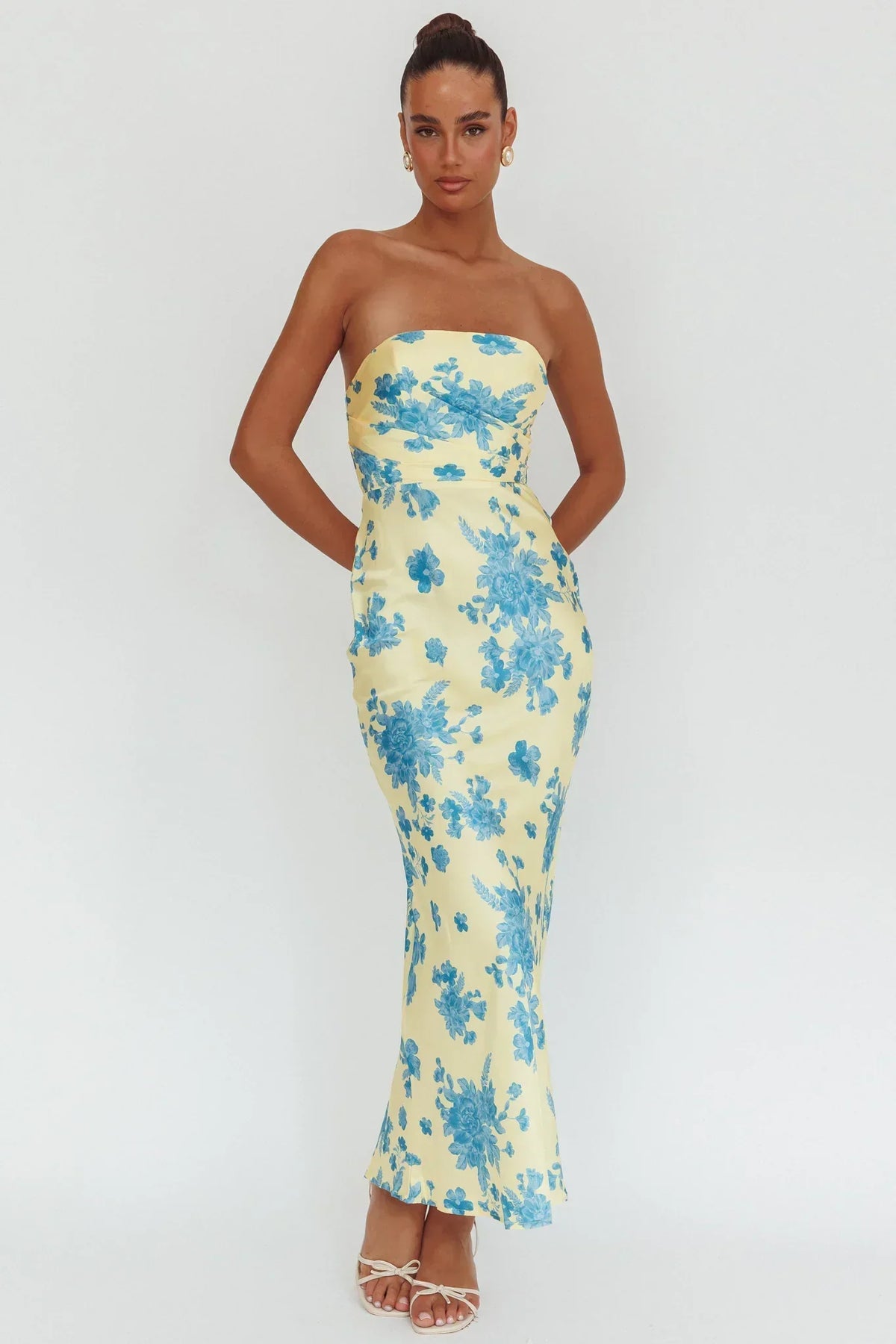 Floral Print Satin Strapless Ruched Bust Bodycon Maxi Dress 5