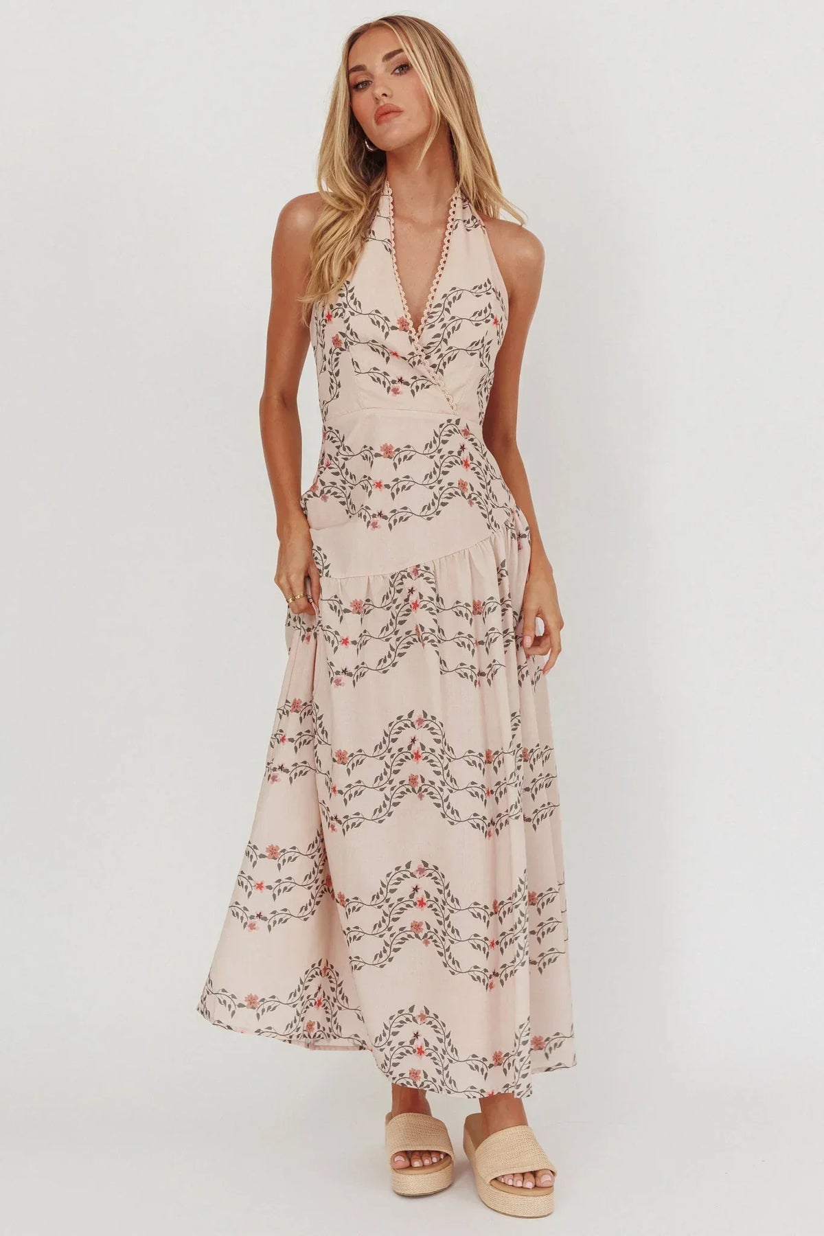 Saint Malo Halterneck Maxi Dress Floral Beige