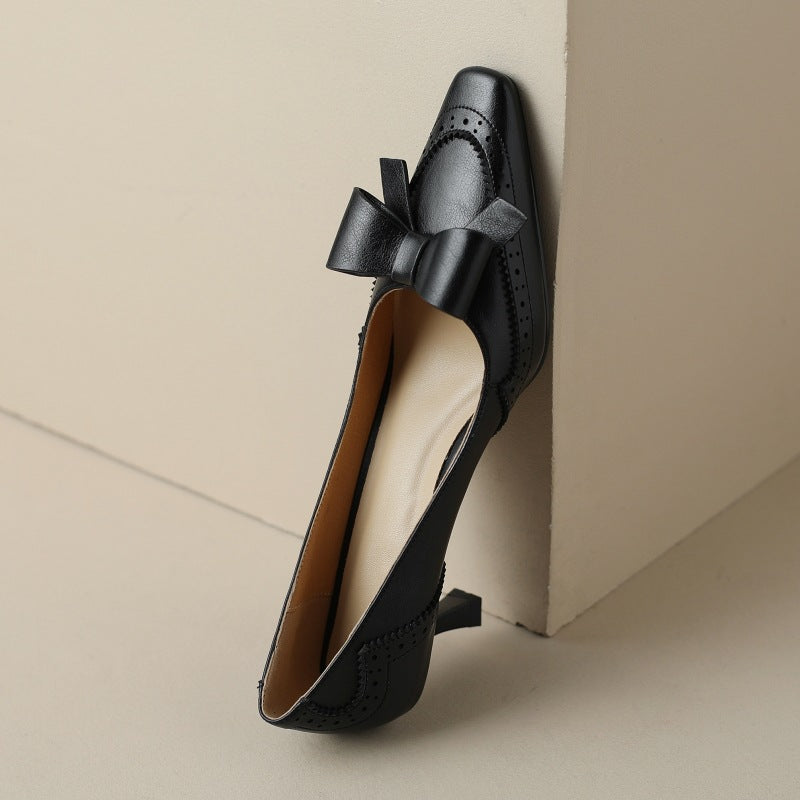 Square Toe Bow Brogue Kitten Heel Pumps