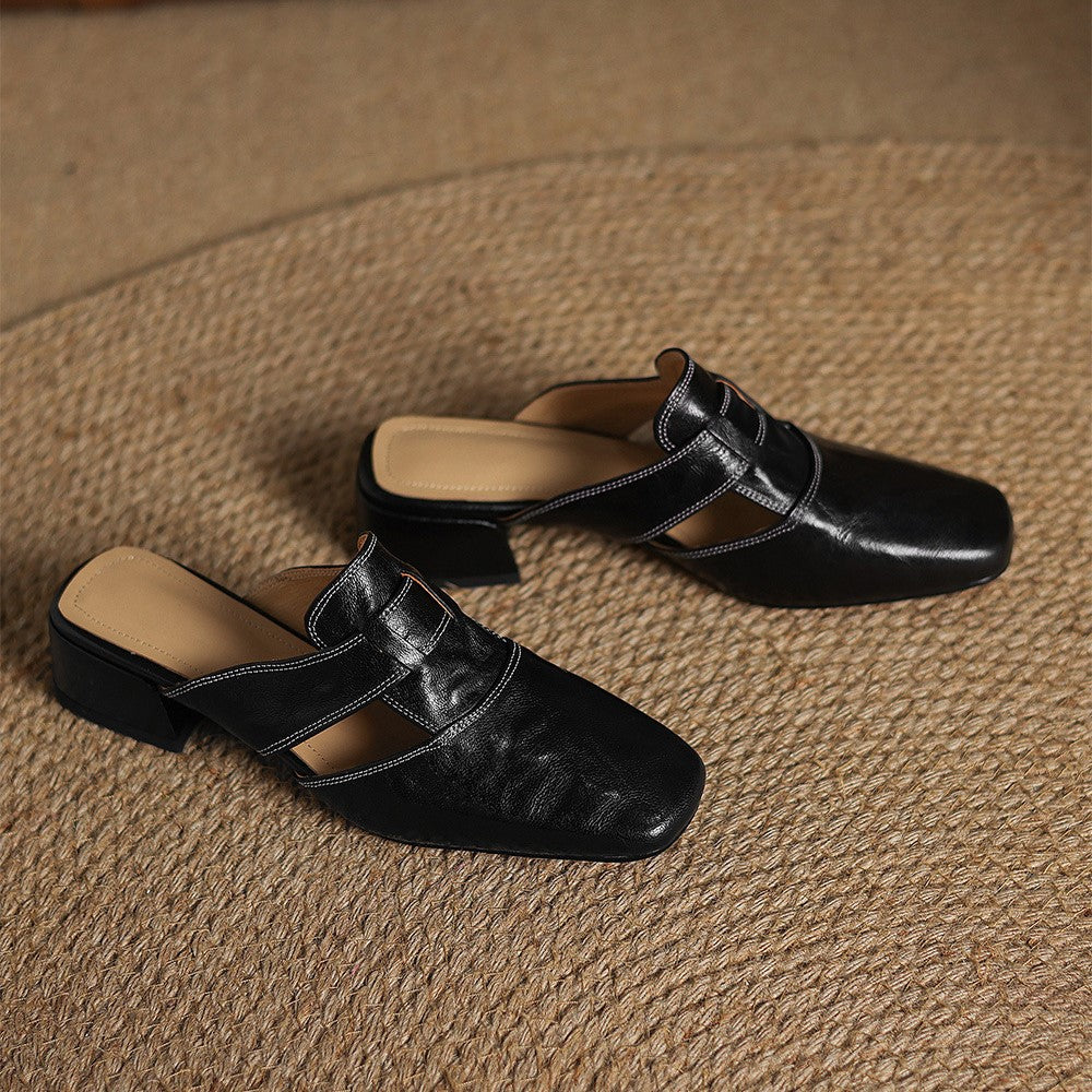 Closed Toe Buckle Strap Block Heel Mules