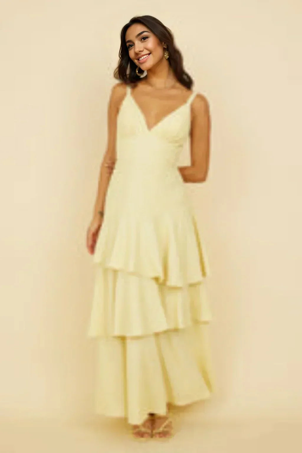 Textured V-Neck Cami Ruched Bust Tiered Ruffle Maxi Dress 4
